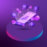 A graphic representation of a mobile device with socials bouncing off of it.