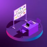 A graphic representation of a desk with two laptops on it.